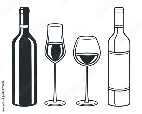 Wine Bottle and Glass Icon Set