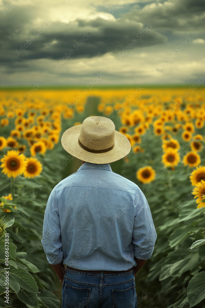 Fototapeta premium A farmer in a straw hat standing in a sunflower field, looking at the horizon with a peaceful expression.