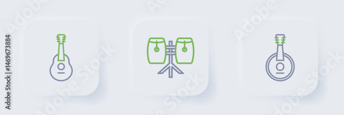 Set line Banjo, Conga drums and Guitar icon. Vector