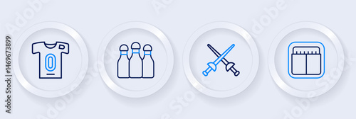 Set line Sport mechanical scoreboard, Fencing, Bowling pin and Football jersey and t-shirt icon. Vector