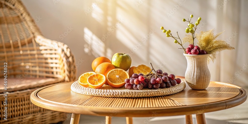 Naklejka premium Sunlit Still Life A Composition of Fresh Fruit and Dried Flowers on a Wooden Table Beside a Wicker Chair