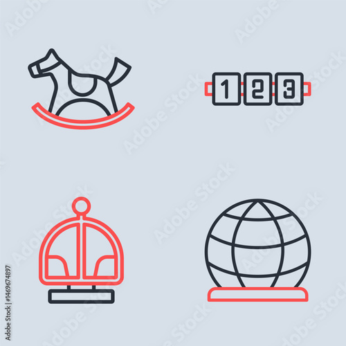 Set line Education logic game, Attraction carousel, Playground climbing equipment and Horse saddle swing icon. Vector