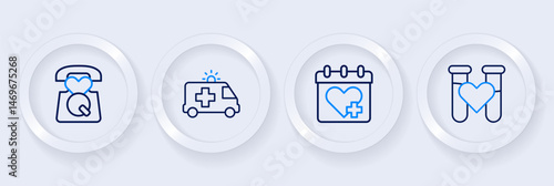 Set line Test tube with blood, Doctor appointment, Ambulance car and Emergency call 911 icon. Vector