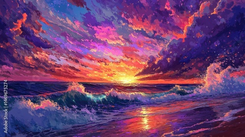 Wallpaper Mural A stunning beach sunset scene, with vibrant streaks of red, purple, and orange illuminating the sky, while the waves crash softly against the shore and the soft breeze brings a refreshing coolness Torontodigital.ca