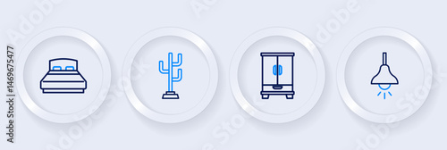 Set line Lamp hanging, Wardrobe, Coat stand and Big bed icon. Vector
