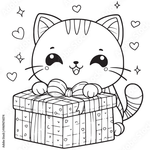 Cute kitten with gifts, hearts, and sparkles. vector