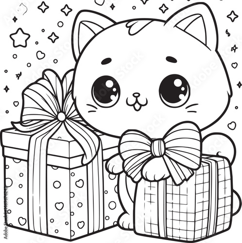 Cute kitten with gifts, hearts, and sparkles. vector
