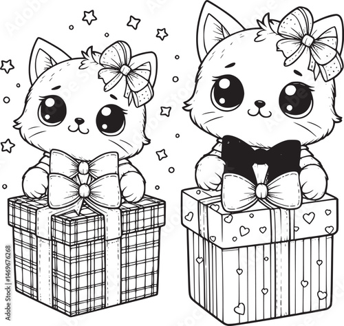 Cute kitten with gifts, hearts, and sparkles. vector