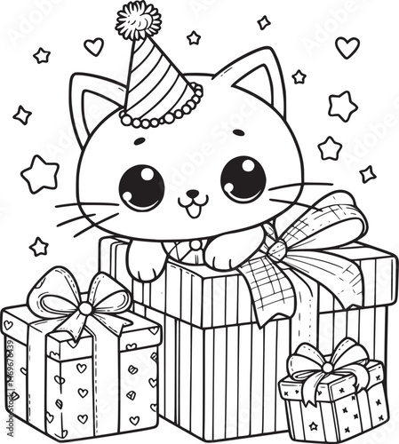 Cute kitten with gifts, hearts, and sparkles. vector