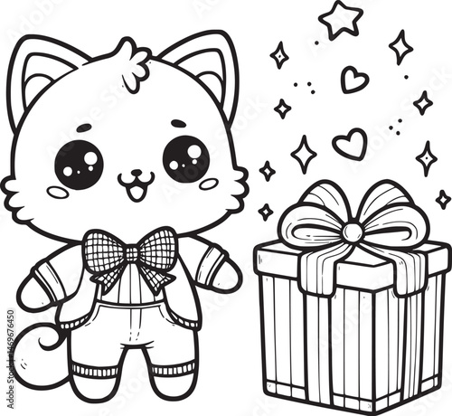 Cute kitten with gifts, hearts, and sparkles. vector