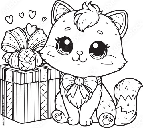 Cute kitten with gifts, hearts, and sparkles. vector