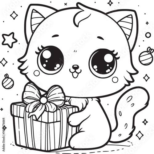 Cute kitten with gifts, hearts, and sparkles. vector