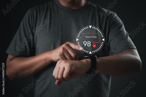 Bilde på lerret Man using smartwatch with heart rate monitor interface, representing wearable health technology and real-time fitness tracking