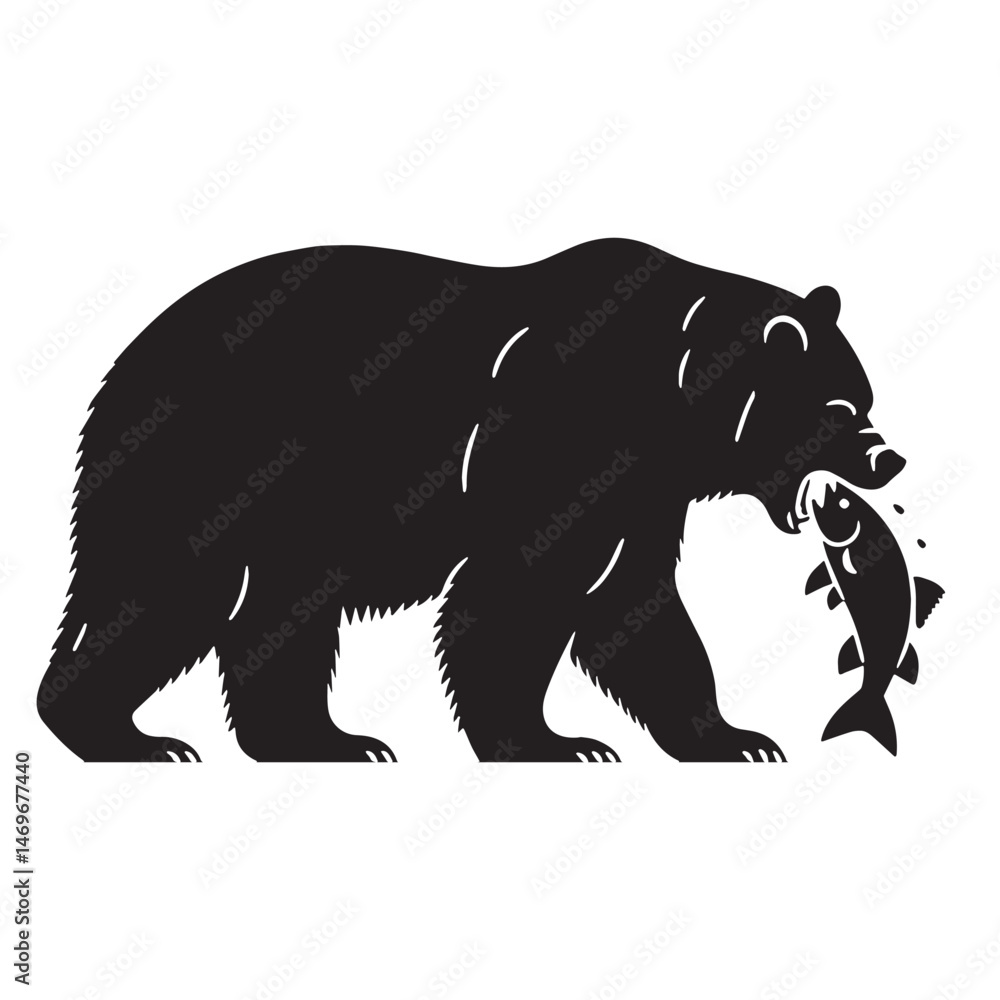 Obraz premium Strong fishing grizzly silhouette ideal for bold animal-themed branding – fishing grizzly vector – fishing grizzly illustration – silhouette of fishing grizzly