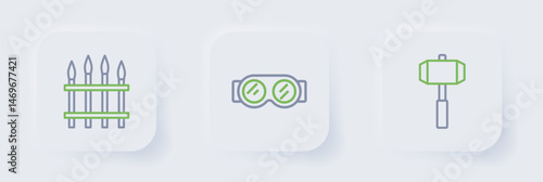 Set line Sledgehammer, Welding glasses and Classic iron fence icon. Vector