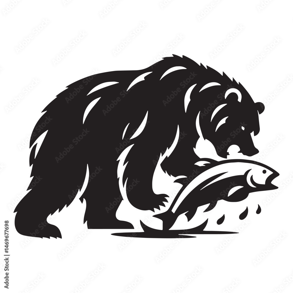 Fototapeta premium Assertive and enduring fishing grizzly silhouette ideal for eco-themed visuals – fishing grizzly vector – fishing grizzly illustration – silhouette of fishing grizzly