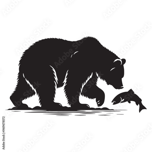 Strong and attentive fishing grizzly silhouette perfect for showcasing animal behavior – fishing grizzly vector – fishing grizzly illustration – silhouette of fishing grizzly

