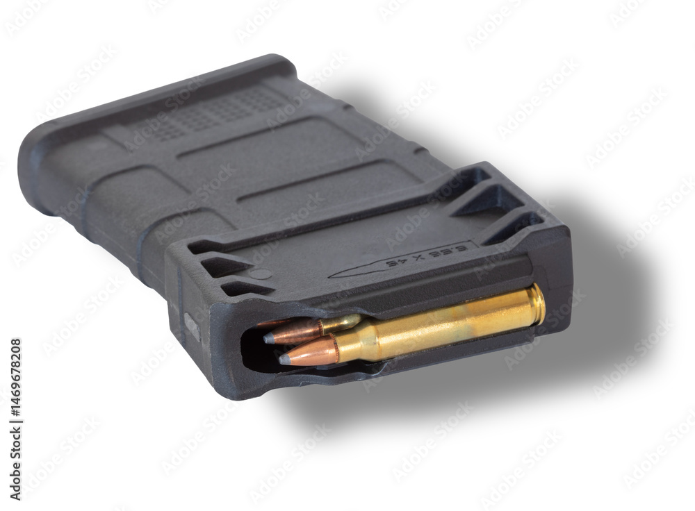 Drop shadow below a loaded rifle magazine for 5.56 caliber