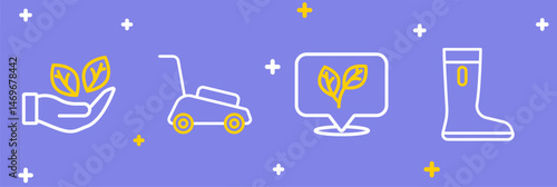 Set line Waterproof rubber boot, Leaf, Lawn mower and in hand icon. Vector
