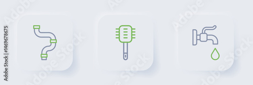 Set line Water tap, Toilet brush and Industry metallic pipe icon. Vector