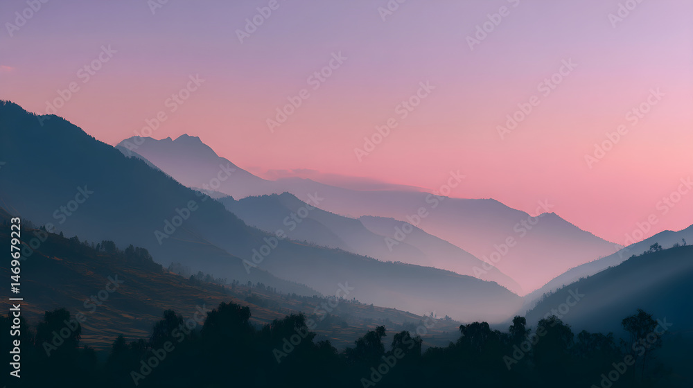 Obraz premium Minimal valley landscape with pastel twilight colors and soft lighting