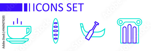 Set line Ancient column, Gondola boat, French baguette bread and Coffee cup icon. Vector