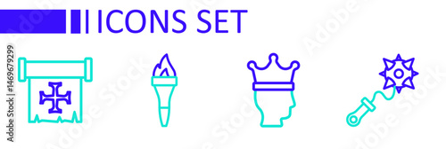 Set line Mace with spikes, King crown, Torch flame and Crusade icon. Vector