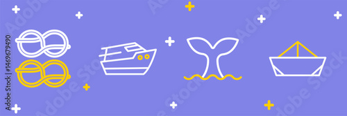 Set line Folded paper boat, Whale tail, Speedboat and Nautical rope knots icon. Vector