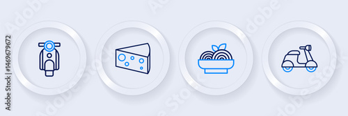 Set line Scooter, Pasta spaghetti, Cheese and icon. Vector