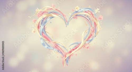Soft, heart-shaped design of pastel ribbons, flowers, and swirls.