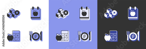Set Vegan food diet, No sugar free, Calorie calculator and Diet plan icon. Vector