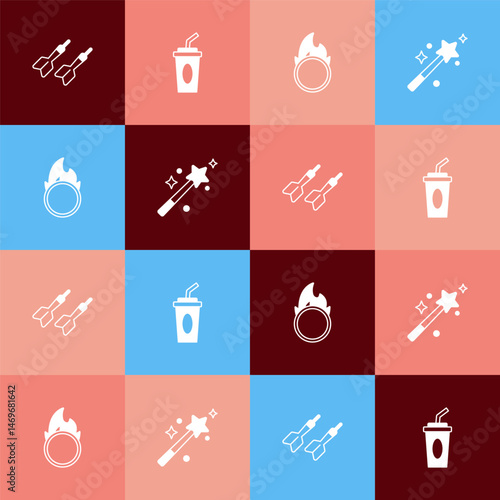 Set pop art Dart arrow, Paper glass with water, Circus fire hoop and Magic wand icon. Vector