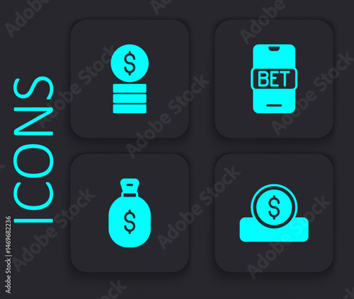 Set Coin money with dollar, Casino chip, Online sports betting and Money bag icon. Black square button. Vector