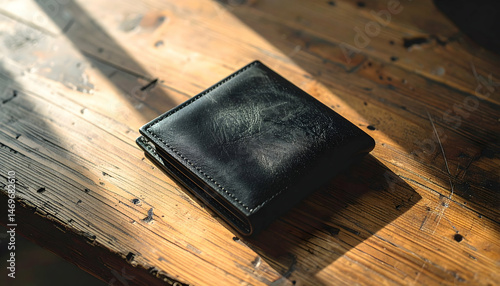 Worn Black Leather Wallet on Rustic Wooden Table