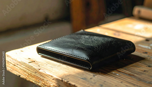 Black Leather Wallet on Rustic Wooden Table
