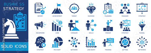 Collection of business strategy icons, related to report, planning, network and more. Solid icons vector illustation.