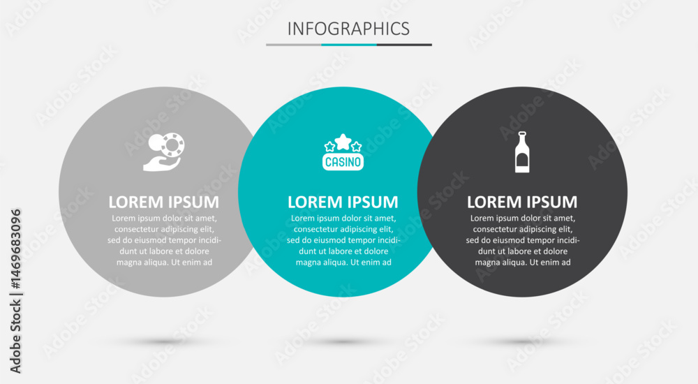 Fototapeta premium Set Casino signboard, Hand holding casino chips and Bottle of wine. Business infographic template. Vector