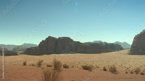 Jordan, panoramic view of Wadi Rum desert landscape.