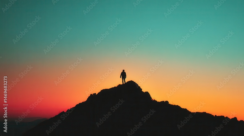 Silhouette figure atop a hill at colorful sunset. Silhouette figure atop a hill at colorful sunset.