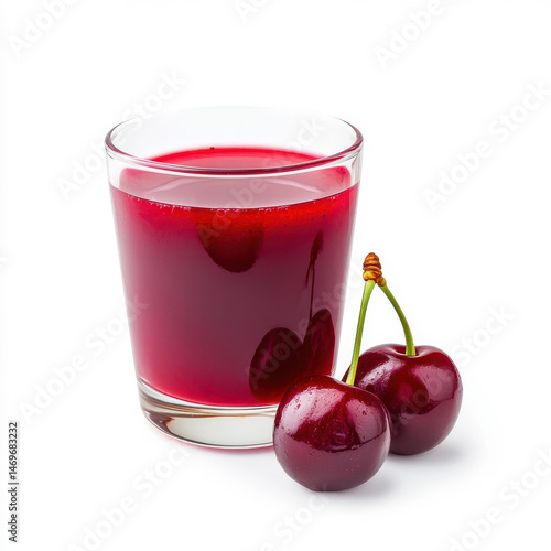 Wallpaper Mural A glass of acerola cherry juice, garnished with a few fresh cherries on the rim, placed next to a whole acerola cherry, isolated on a white background Torontodigital.ca
