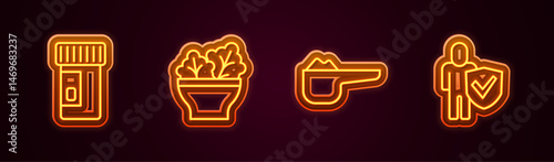 Set line Vitamins, Salad bowl, Sports nutrition proteine and Healthy lifestyle. Glowing neon icon. Vector