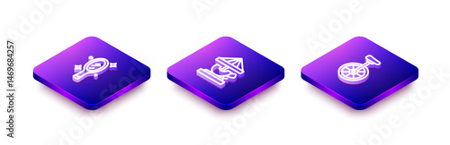 Set Isometric line Magic hand mirror, Attraction carousel and Unicycle icon. Vector