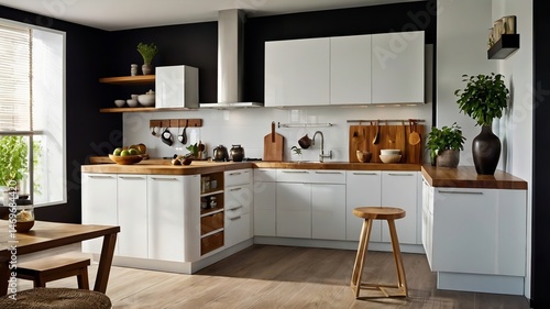 A picture of a kitchen featuring white cabinets and wooden countertops on stylish kitchen designs.