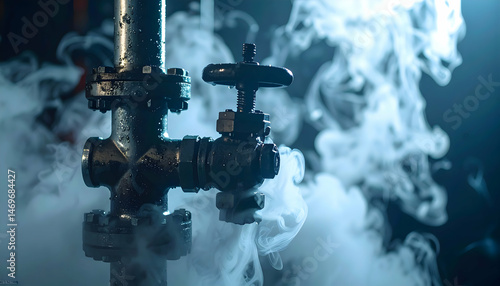 Industrial Valve and Steam in Dark Setting