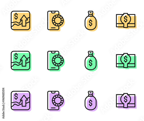 Set line Money bag, Financial growth increase, Online sports betting and Stacks paper money cash icon. Vector