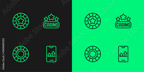 Set line Online sports betting, Casino chips, and signboard icon. Vector