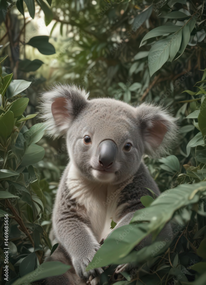 Fototapeta premium Adorable koala joey nestled in eucalyptus leaves, seamless repeat , animal, print, clipart