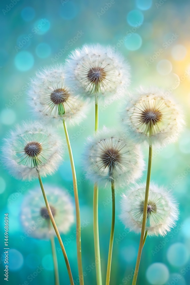Fototapeta premium Beautiful close up view of dandelion flowers with soft focus bokeh background