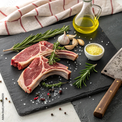  premium halal lamb steak with herbs and lemon slices, traditional eid ul adha qurbani meat prepared for cooking, showcasing marbling and freshness of sacrificial meat
