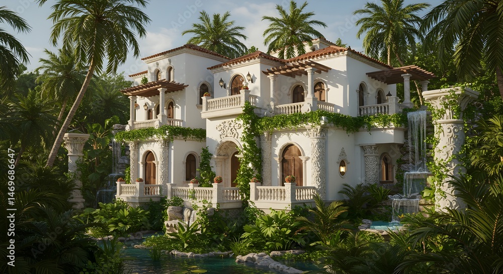 Fototapeta premium Luxury Tropical Villa with White Stone Facade and Lush Gardens | Upscale Real Estate and Vacation Getaway